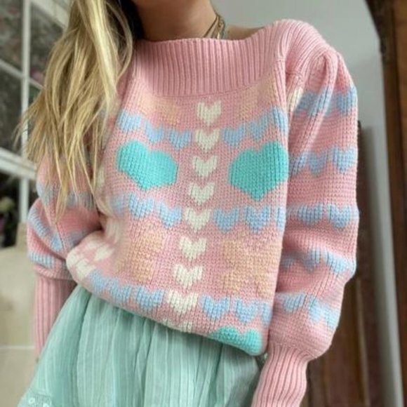 LoveShackFancy Gizela Pink Heart Pullover Sweater - Picture 1 of 12